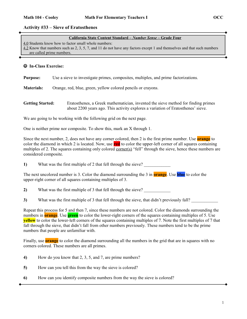 Math 104 - Cooleymath for Elementary Teachers I OCC