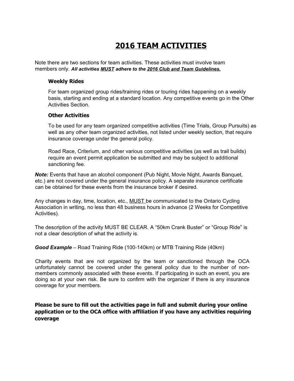 2016 Team Activities