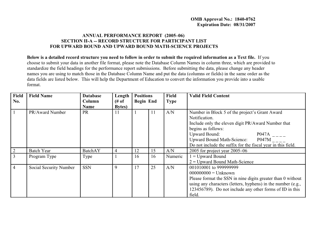 2005-06 Annual Performance Report Section II for the Upward Bound Program (MS Word)