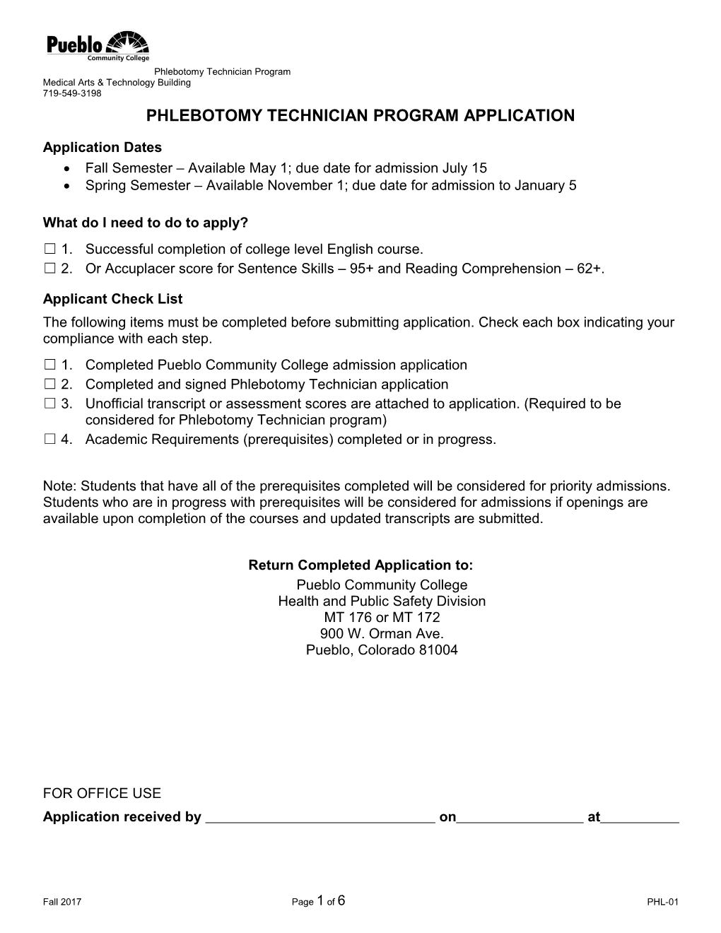 Phlebotomy Technician Program Application