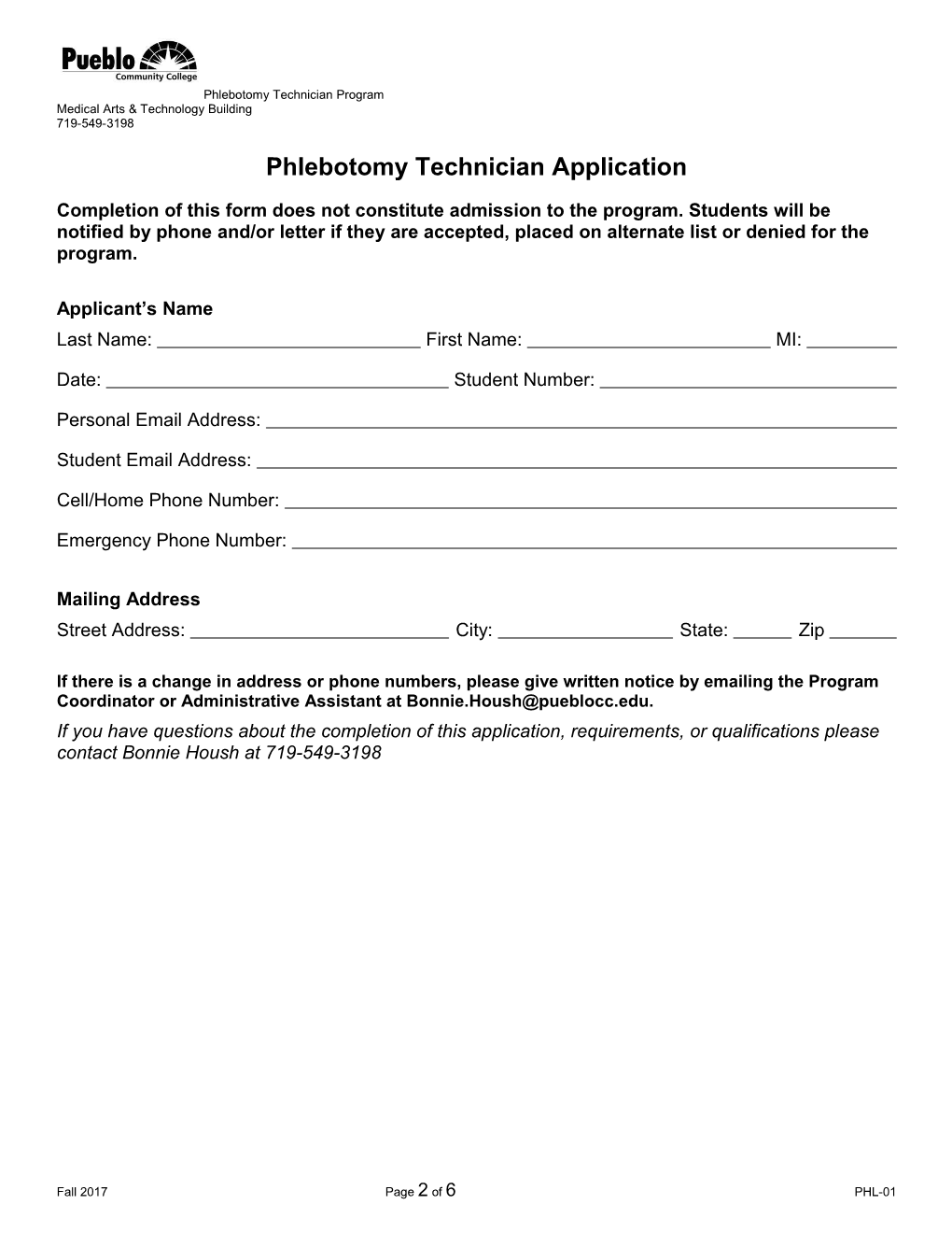 Phlebotomy Technician Program Application