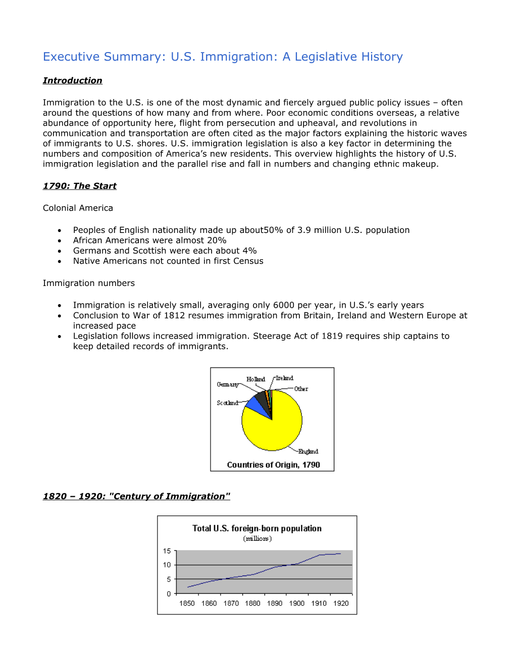 Executive Summary: U.S. Immigration: a Legislative History