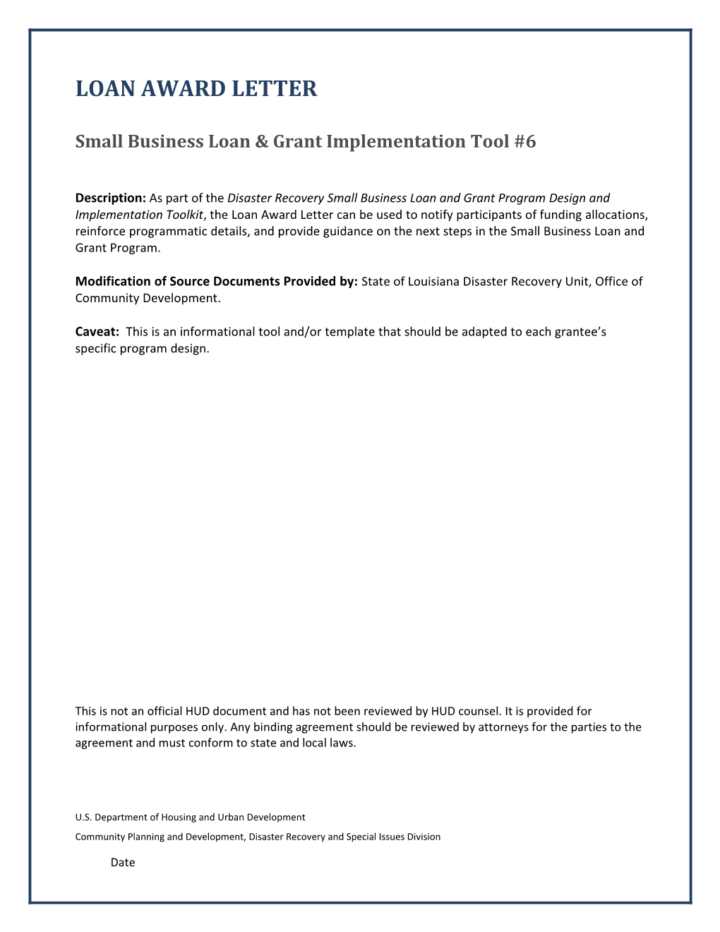 CDBG-DR Small Business Loan and Grant Loan Award Letter