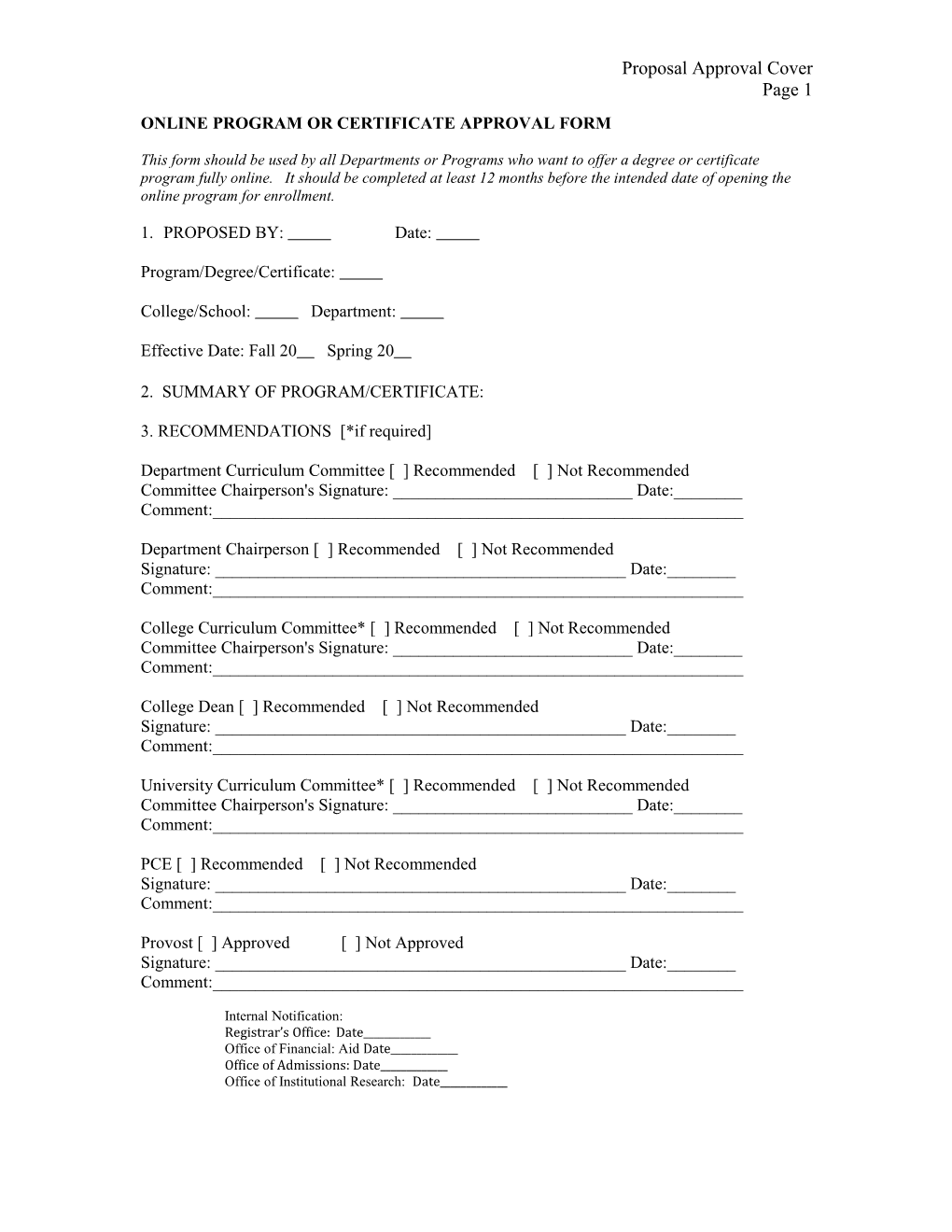 Online Program Or Certificate Approval Form Draft/Jr/8-13/09