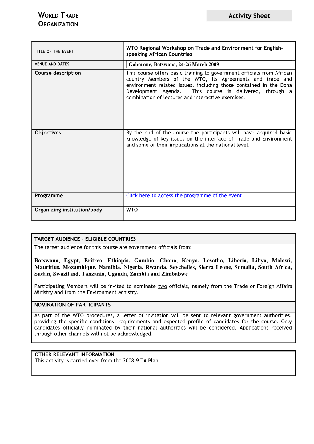 WTO REGIONAL Workshop on TRADE and ENVIRONMENT