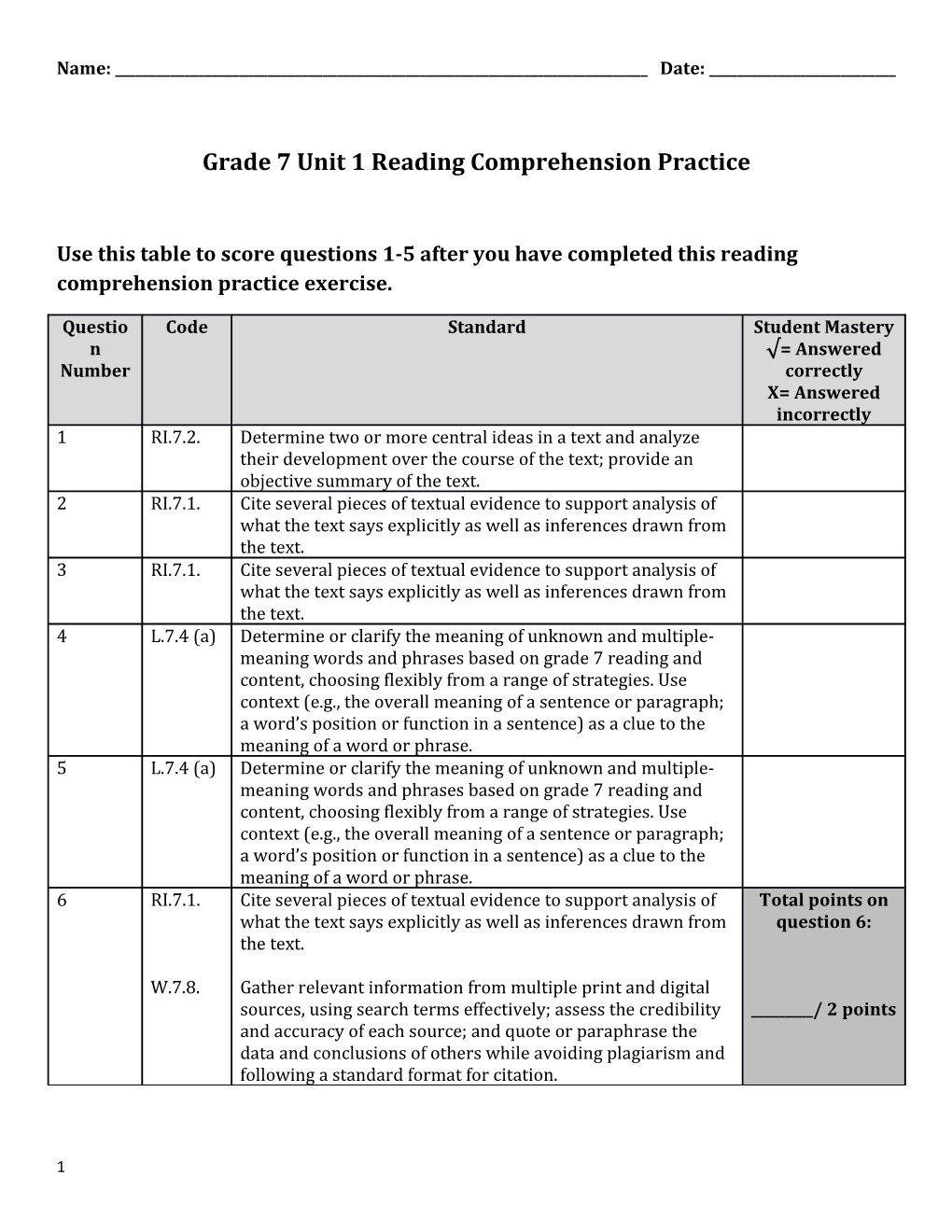 Grade 7 Unit 1 Reading Comprehension Practice