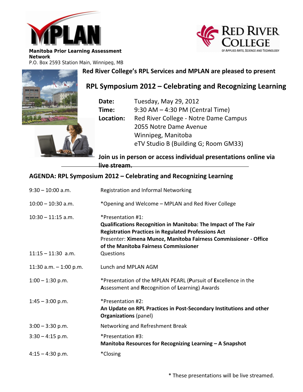 AGENDA: RPL Symposium 2012 Celebrating and Recognizing Learning