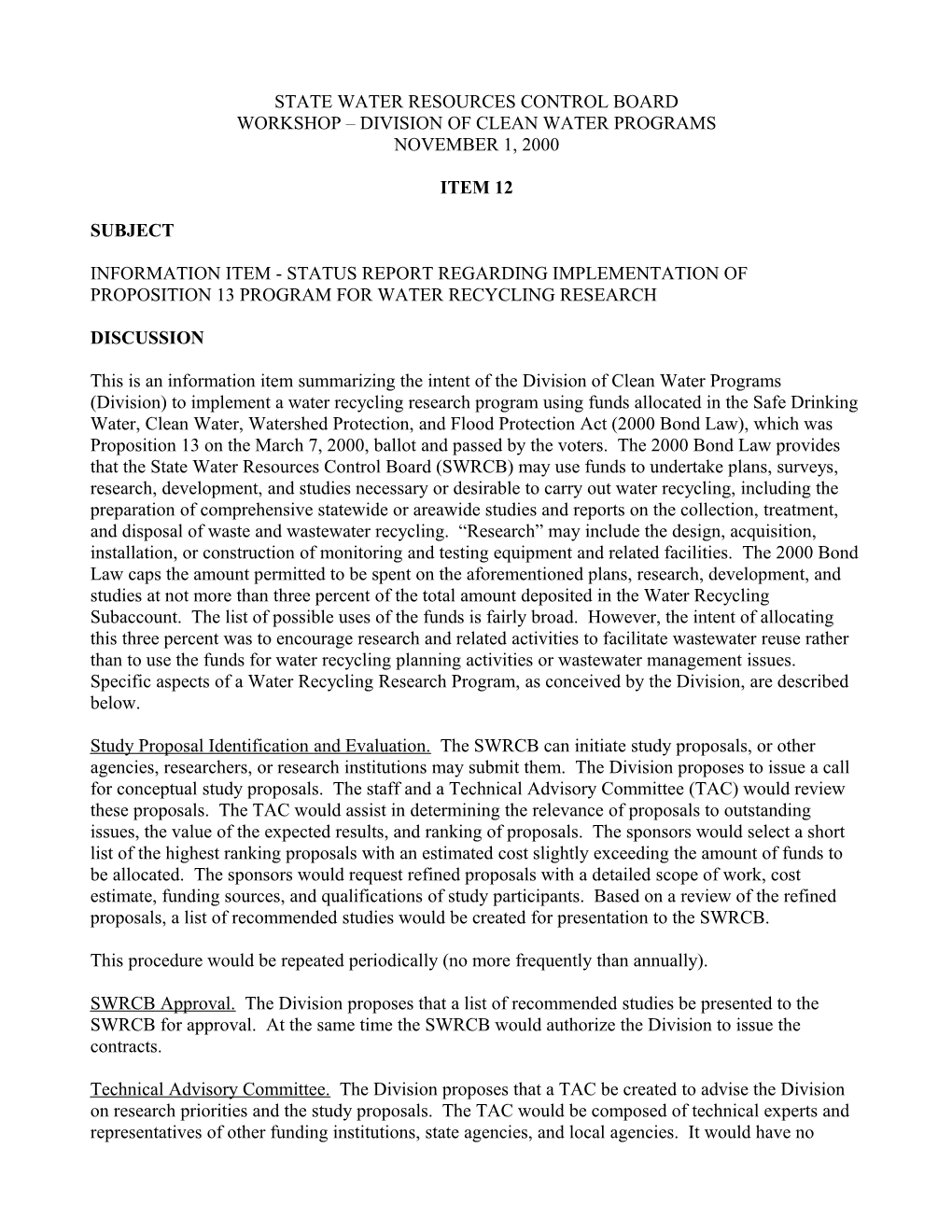 Water Recycling Research Program Information Agenda Item
