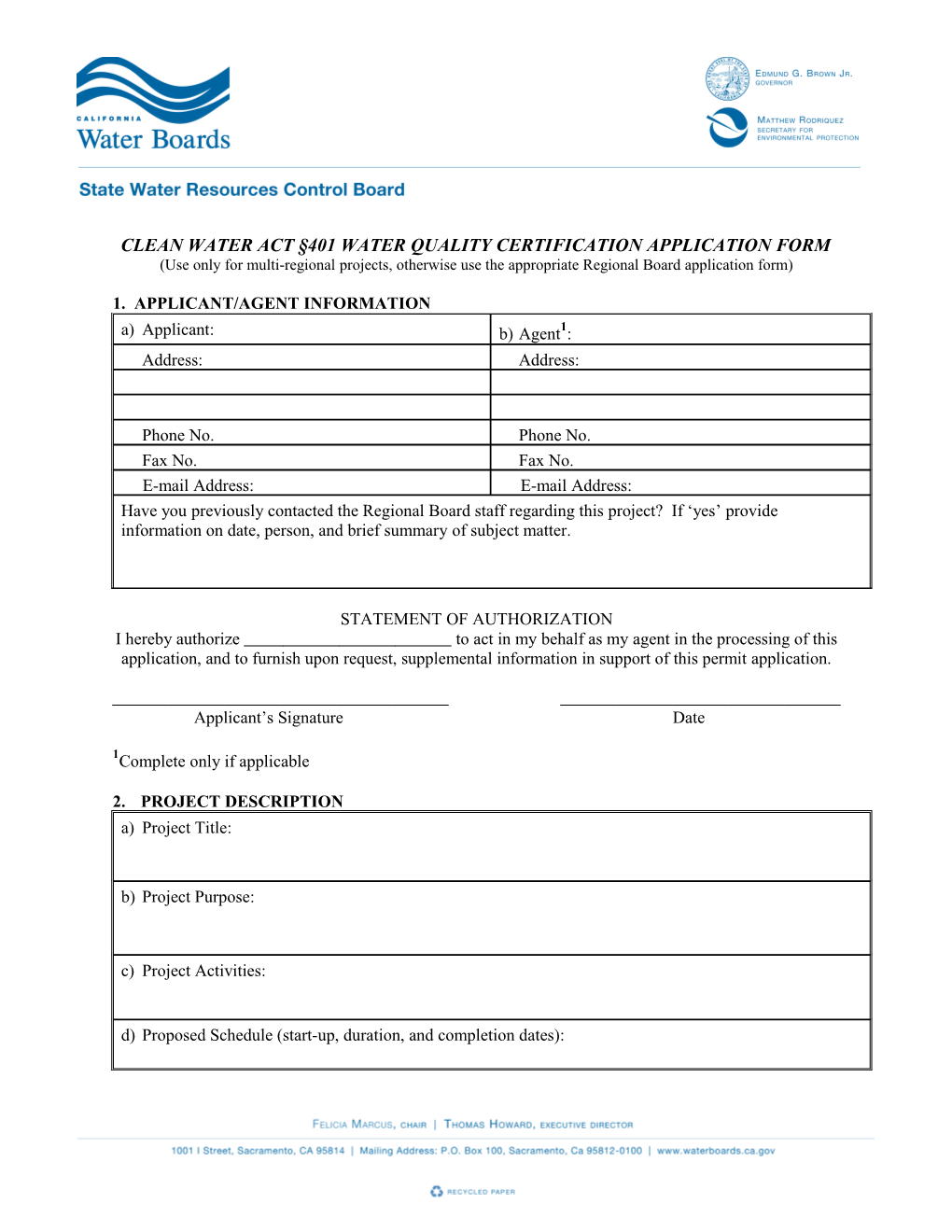 Clean Water Act 401 Water Quality Certification Application Form