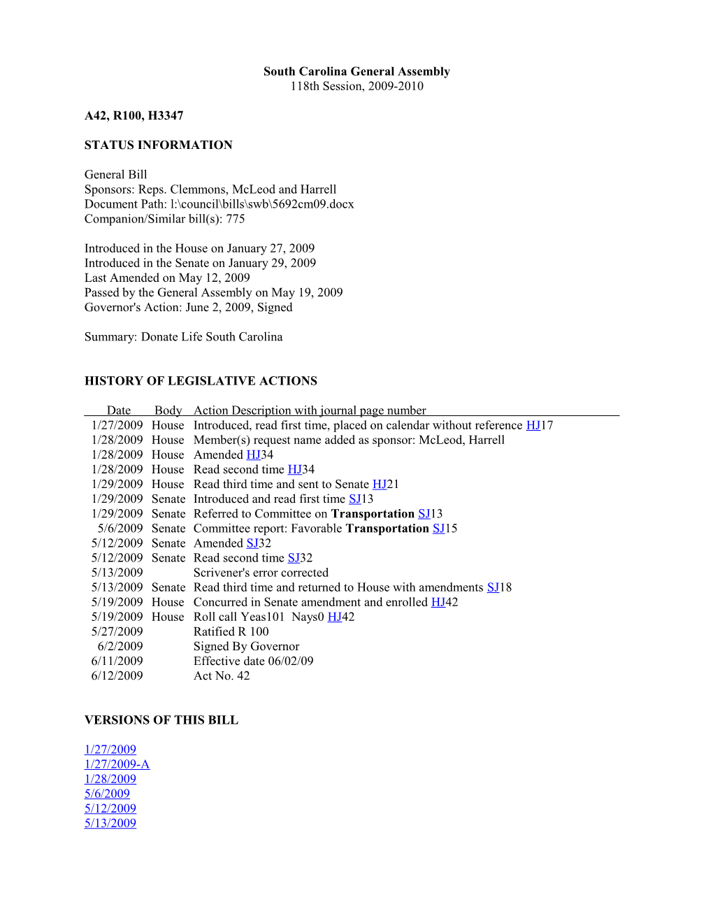 2009-2010 Bill 3347: Donate Life South Carolina - South Carolina Legislature Online