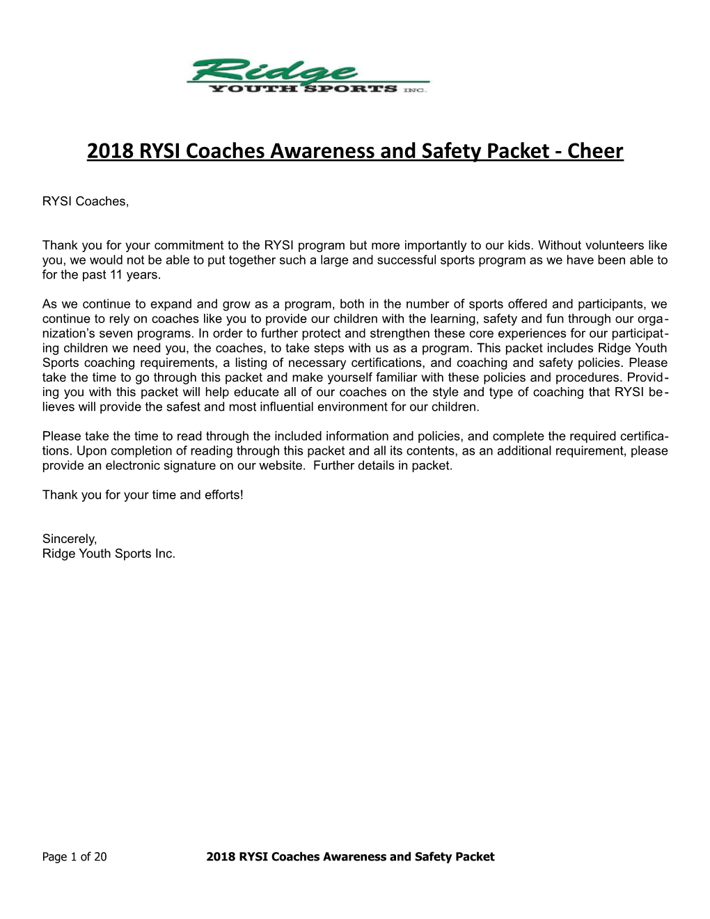 2018 RYSI Coaches Awareness and Safety Packet - Cheer