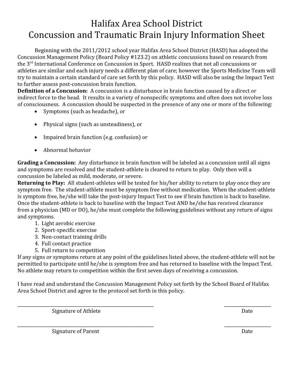 Concussion and Traumatic Brain Injury Information Sheet