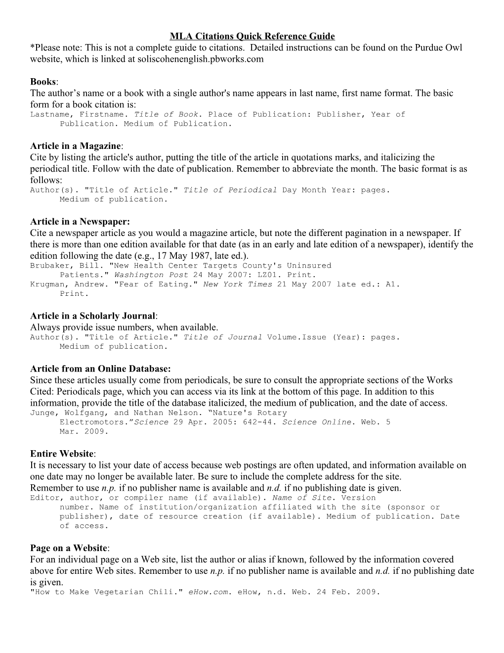 MLA Citations Quick Reference Guide