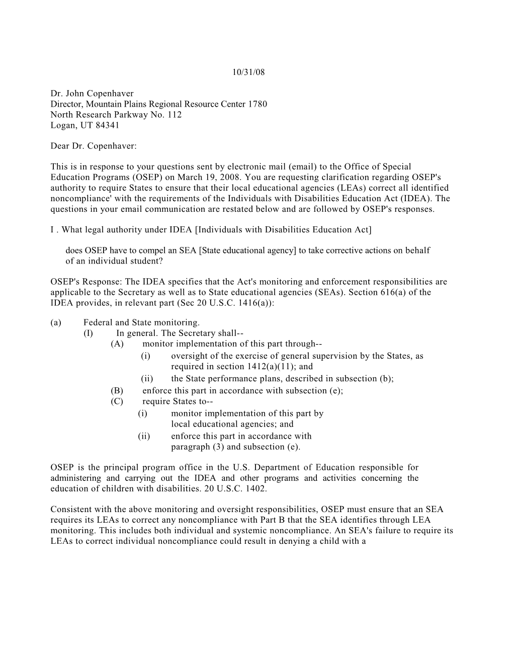 Copenhaver Letter Dated 10/31/08 Re: Correction of Non-Compliance (Ms Word)