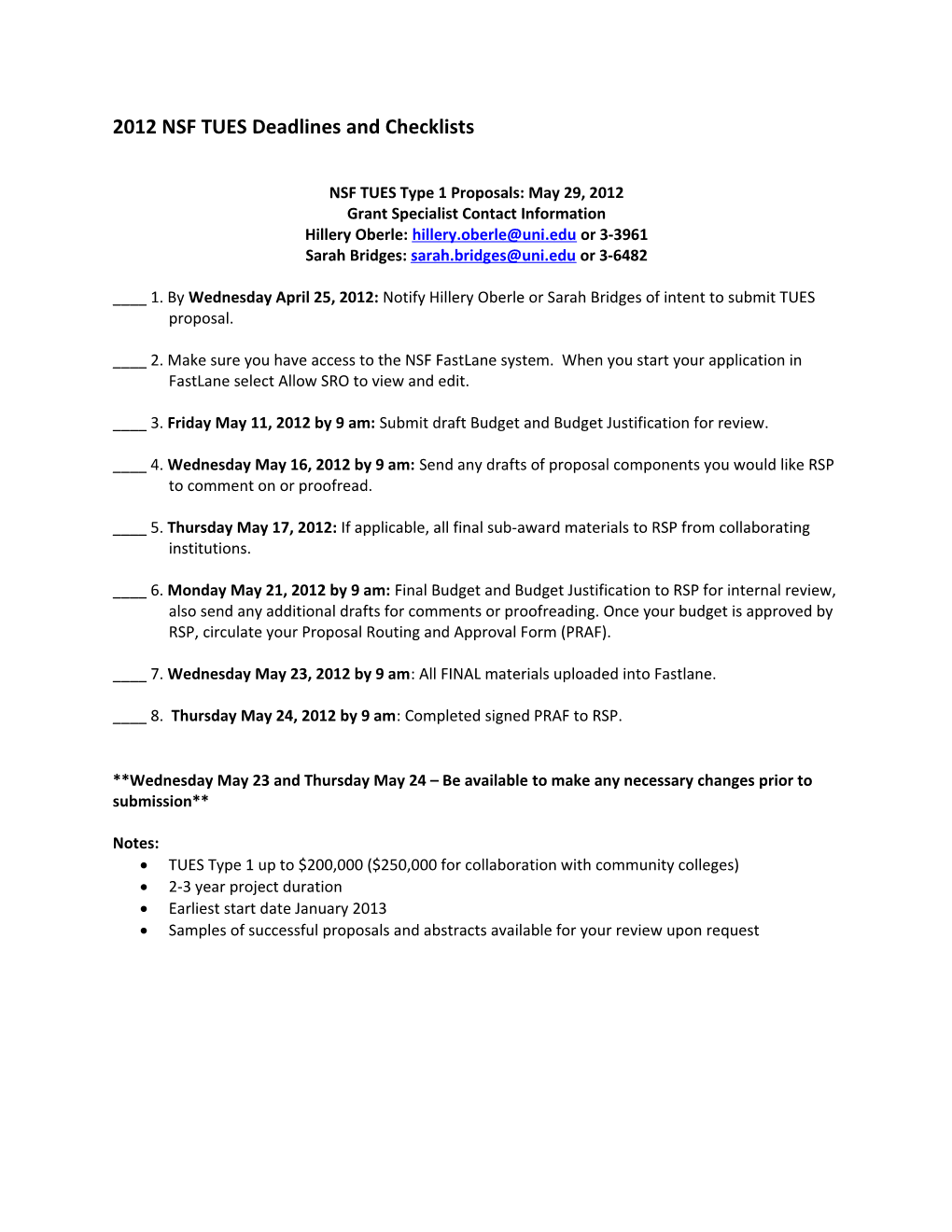 2012 NSF TUES Deadlines and Checklists