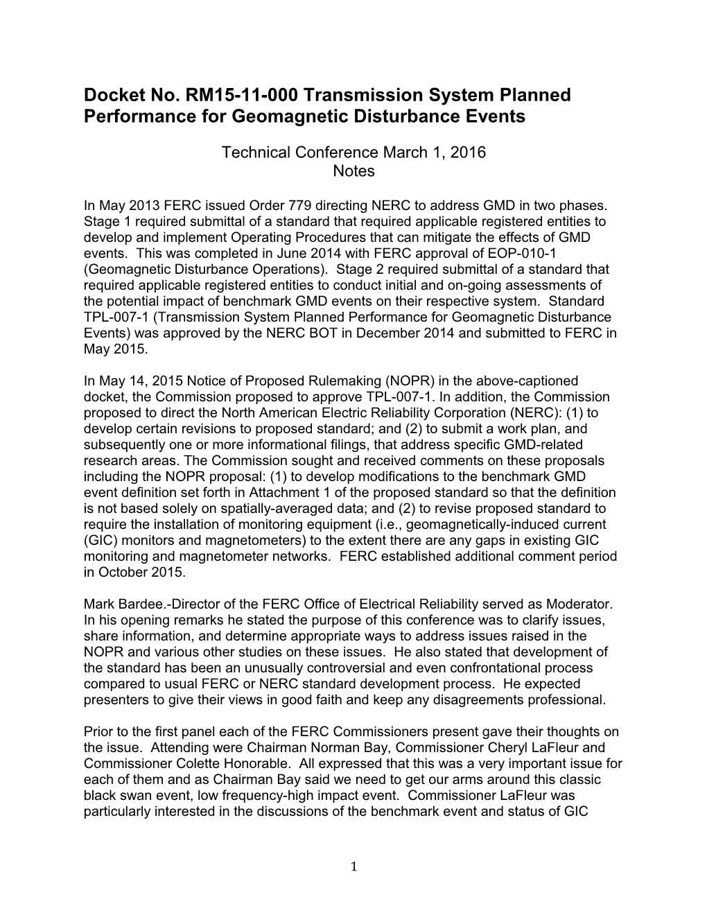 Docket No. RM15-11-000 Transmission System Planned Performance for Geomagnetic Disturbance