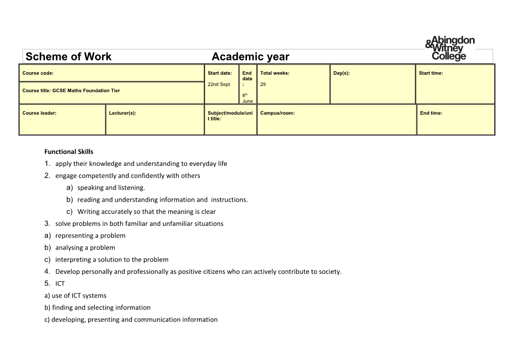 Scheme of Work Academic Year