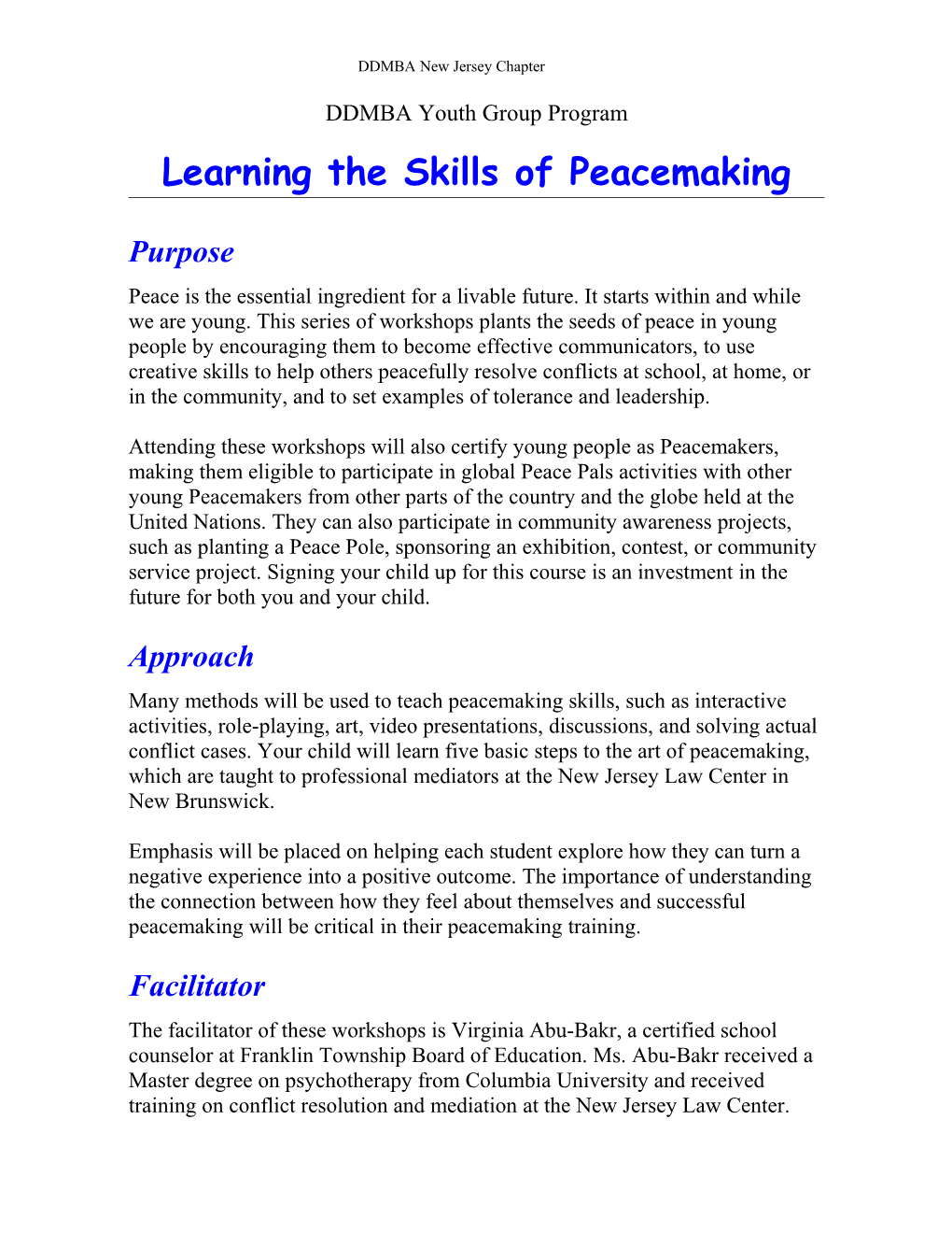 DDMBA-NJ Youth Group Program - Peacemaking