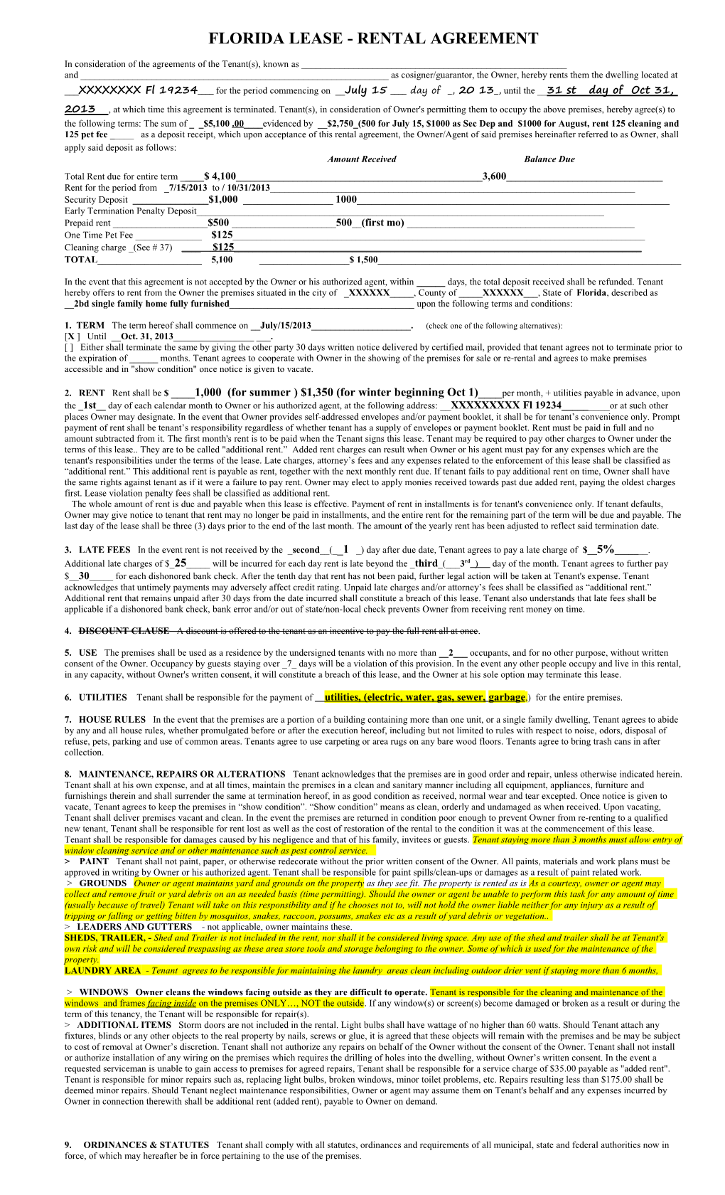 Florida Lease - Rental Agreement