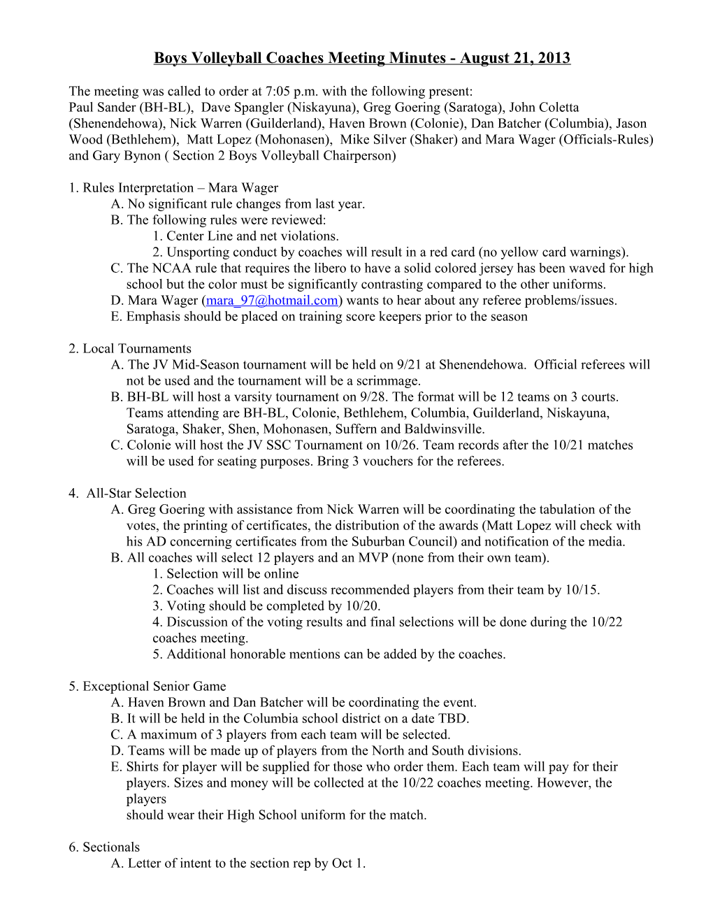 Boys Volleyball Coaches Meeting Minutes - August 21, 2007