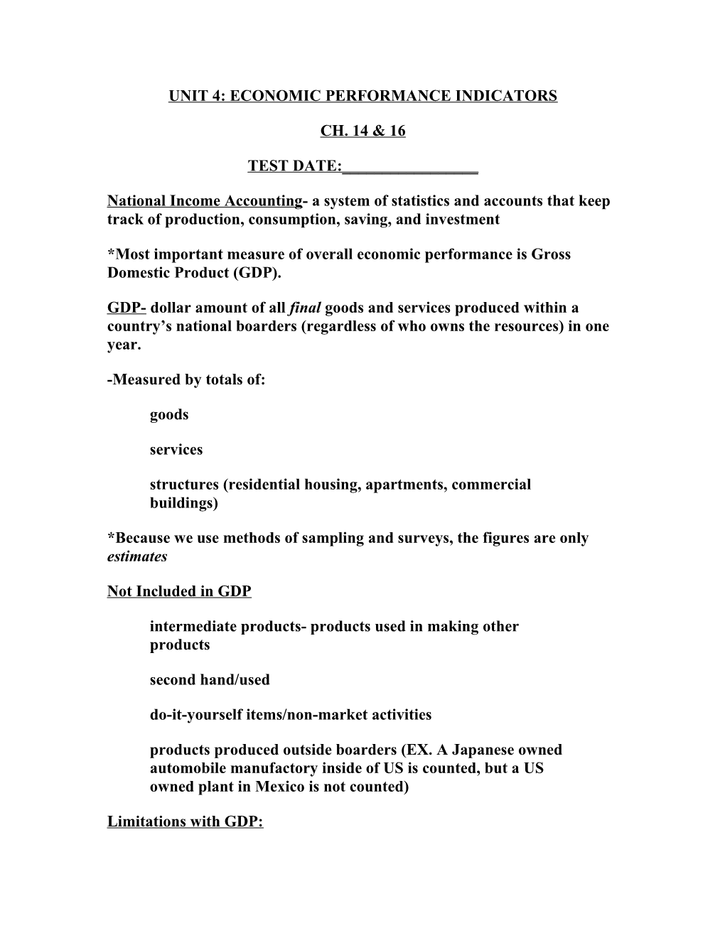 Unit 4: Economic Performance Indicators