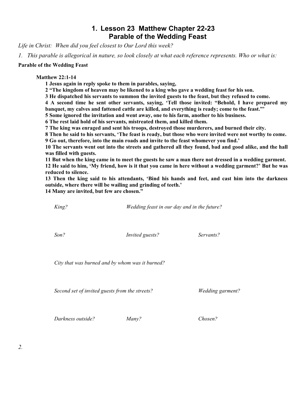 Lesson 23 Matthew Chapter 22-23Parable of the Wedding Feast