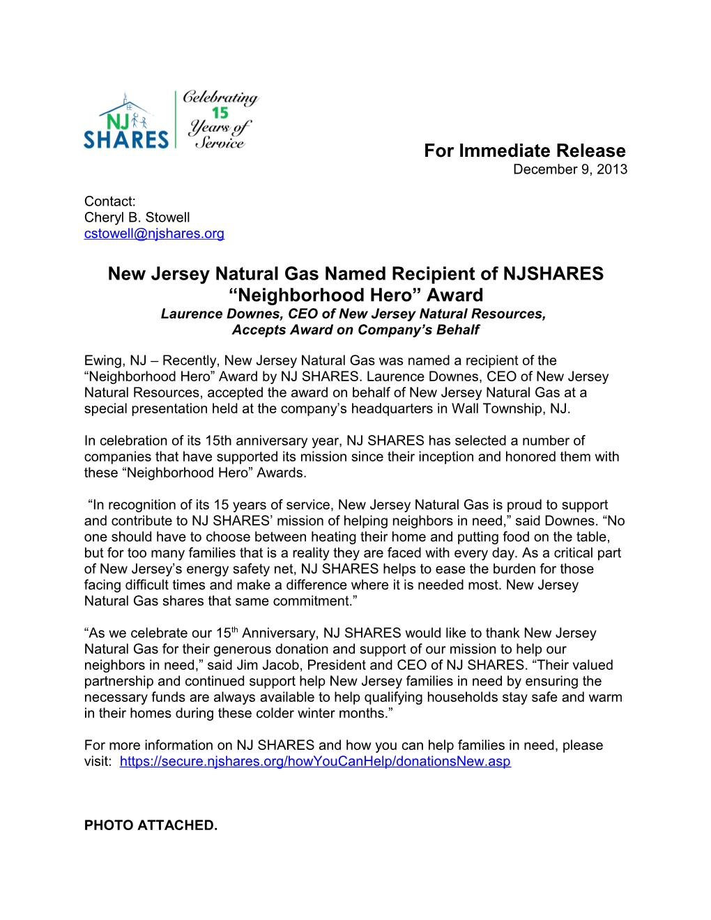 New Jersey Natural Gas Named Recipient of NJSHARES Neighborhood Hero Award