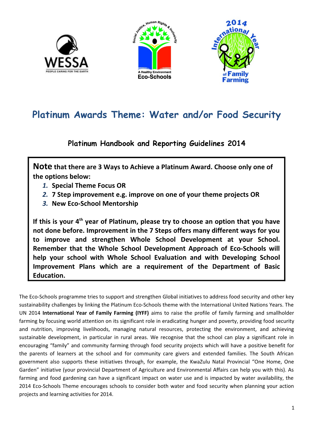 Platinum Awards Theme: Water And/Or Food Security