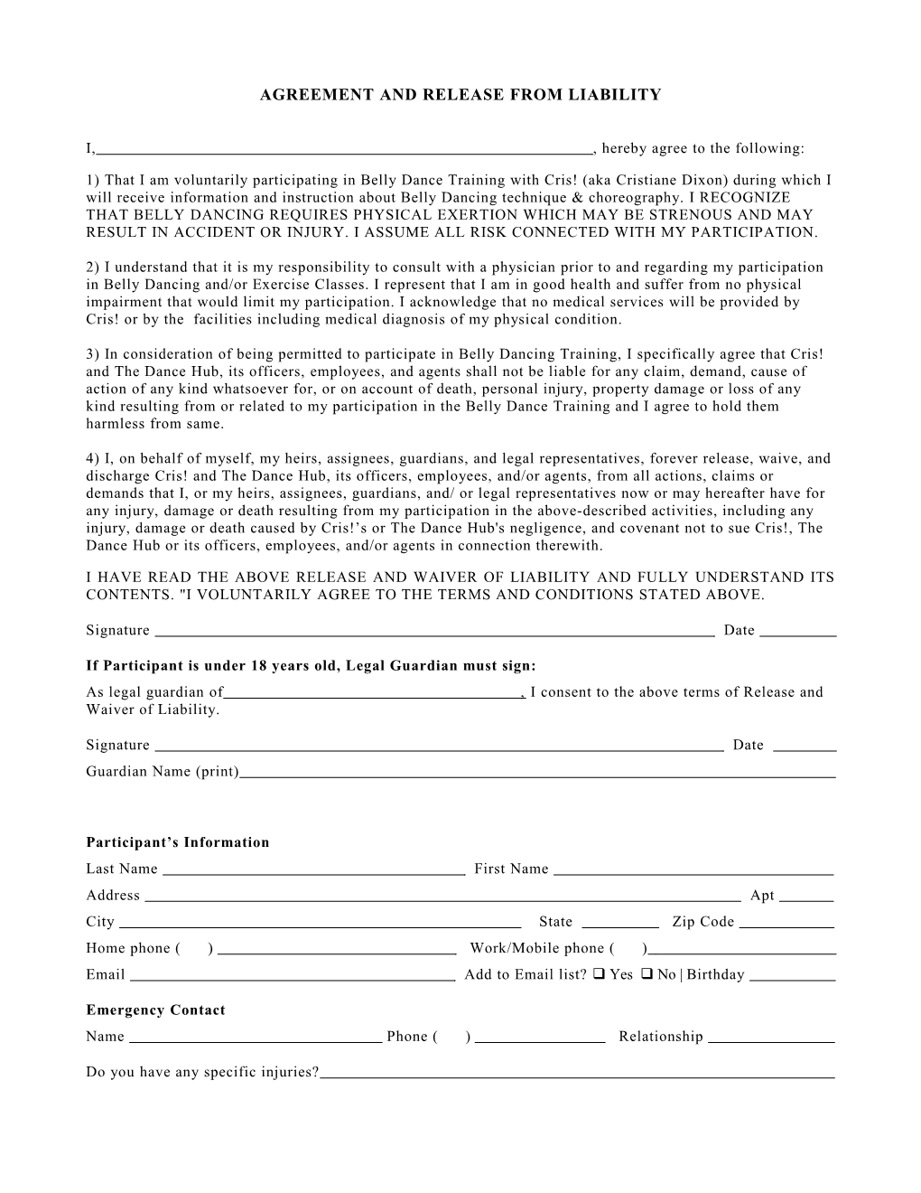 Ellen Croft Fitness AKA Ellen Croft Pilates AGREEMENT and RELEASE from LIABILITY