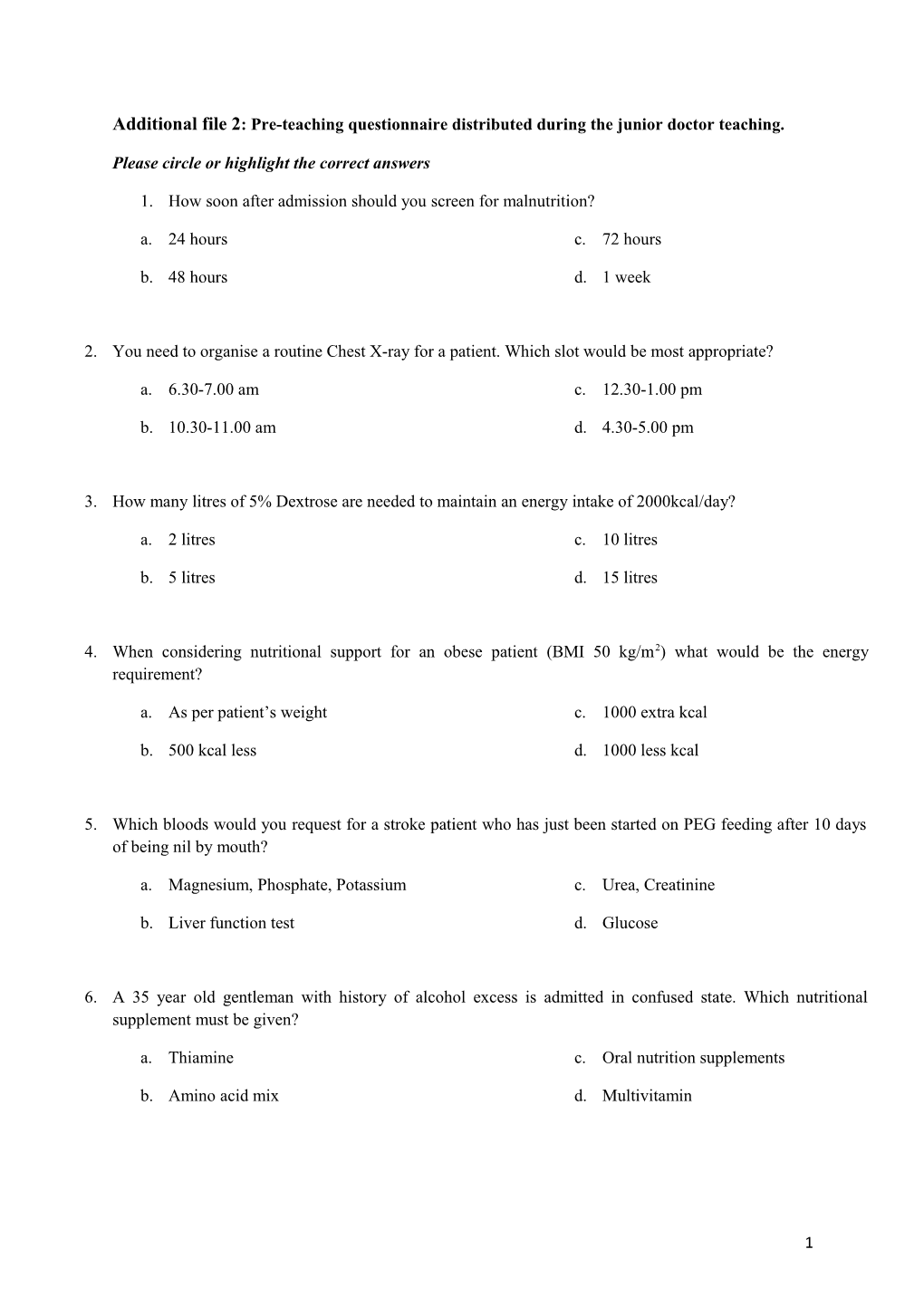 Additional File2: Pre-Teaching Questionnaire Distributed During the Junior Doctor Teaching