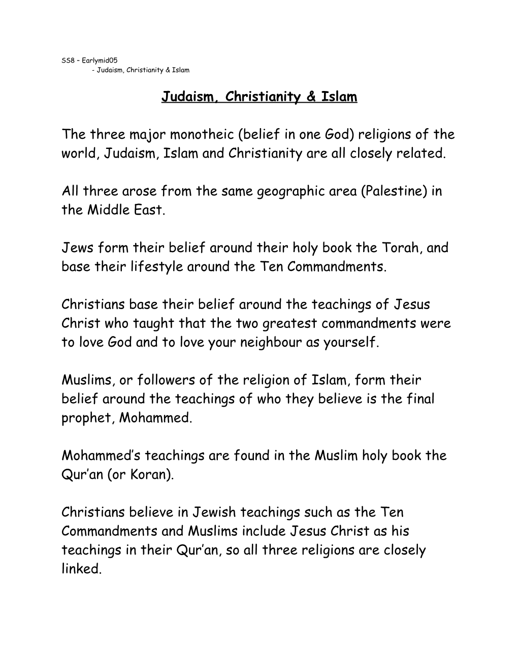 Judaism, Christianity & Islam