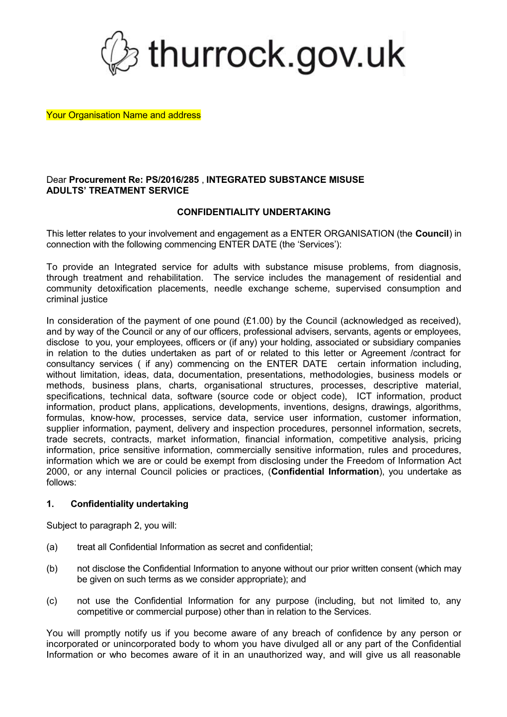 Thurrock Council - Invitation to Tender: Integration Substance Misuse Adults' Treatment Service