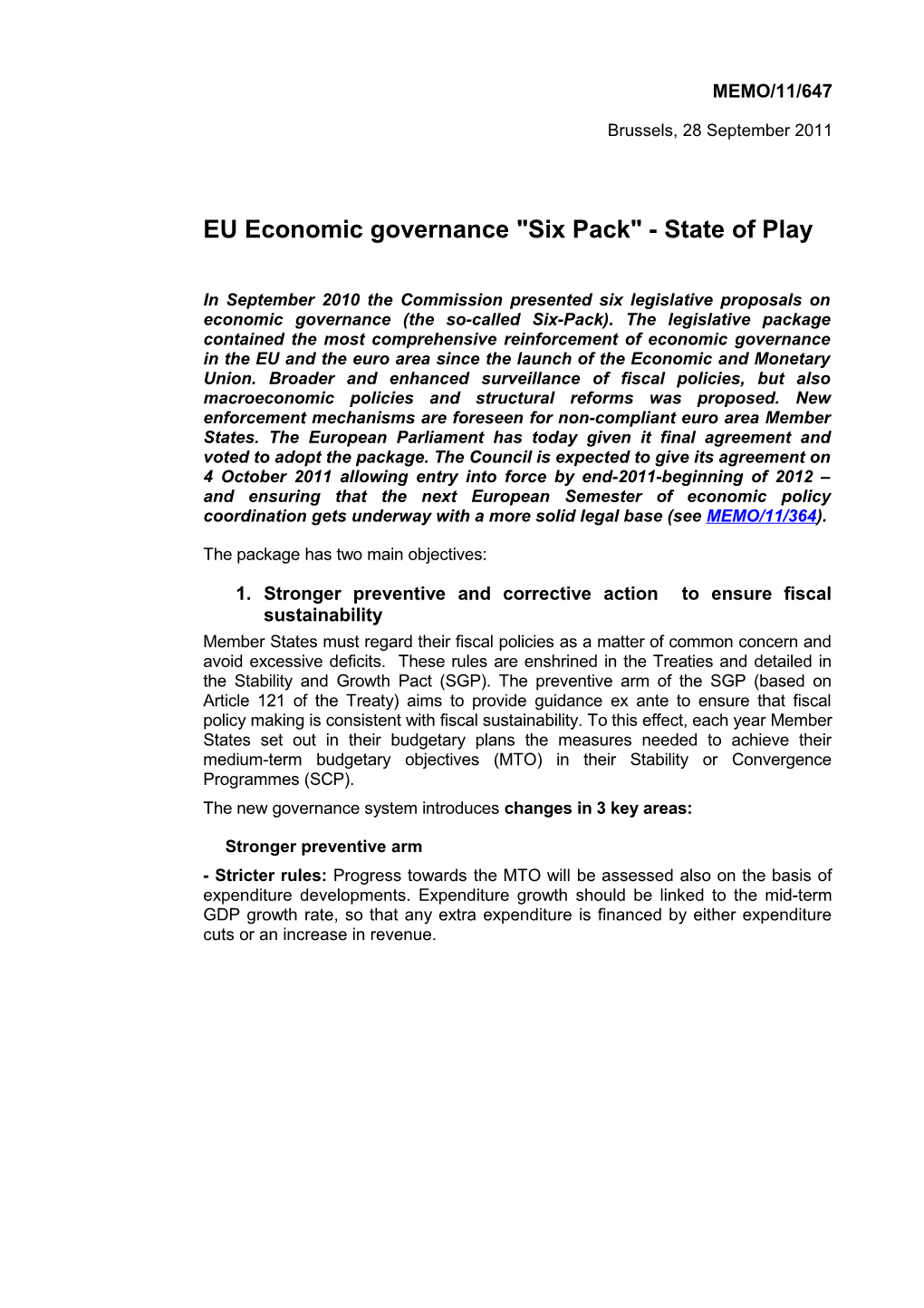 EU Economic Governance Six Pack - State of Play