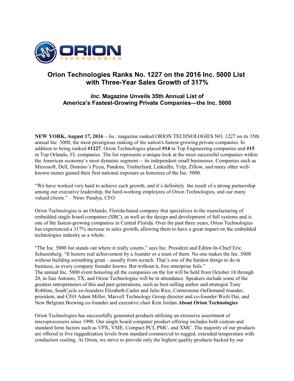 Orion Technologiesranks No. 1227 on the 2016 Inc. 5000 List