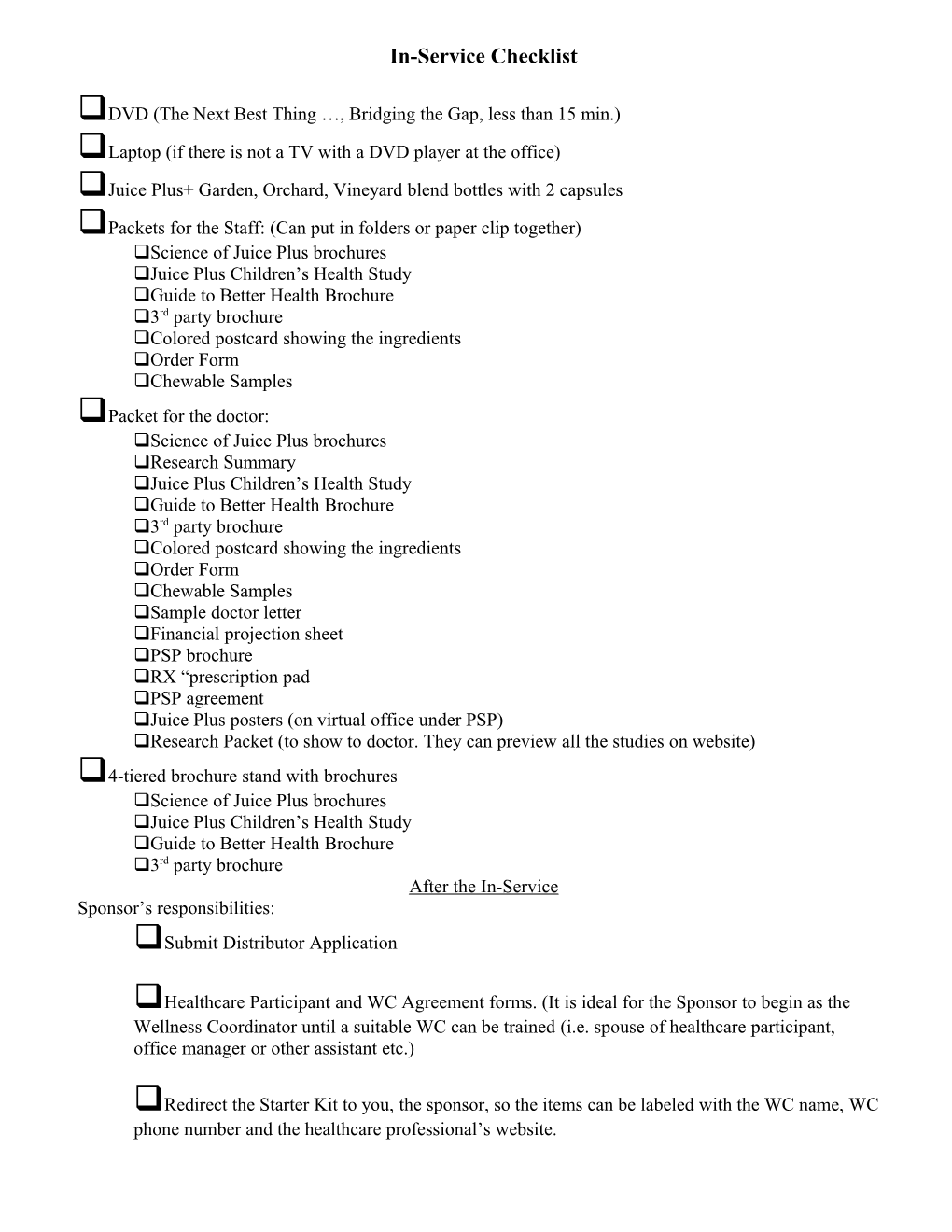 In Service Checklist