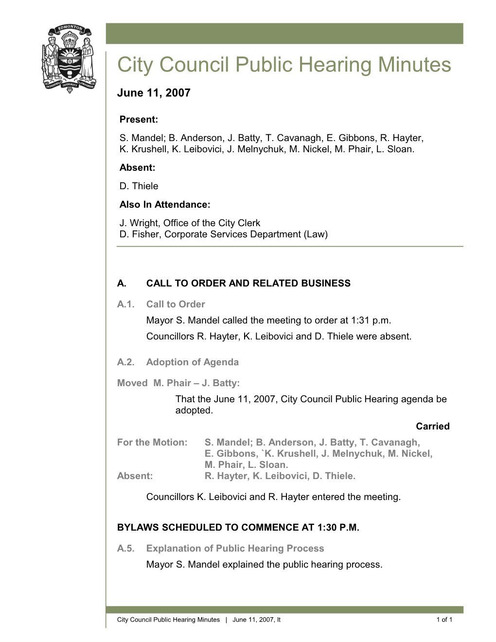 Minutes for City Council June 11, 2007 Meeting