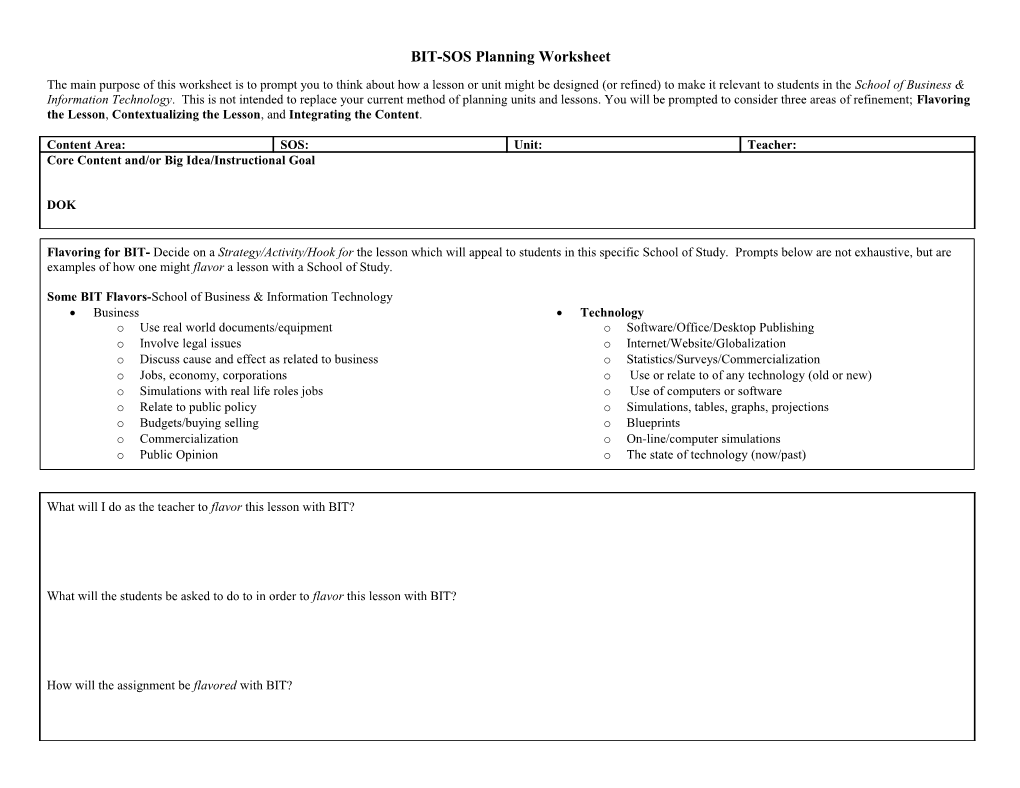 SOS Planning Worksheet