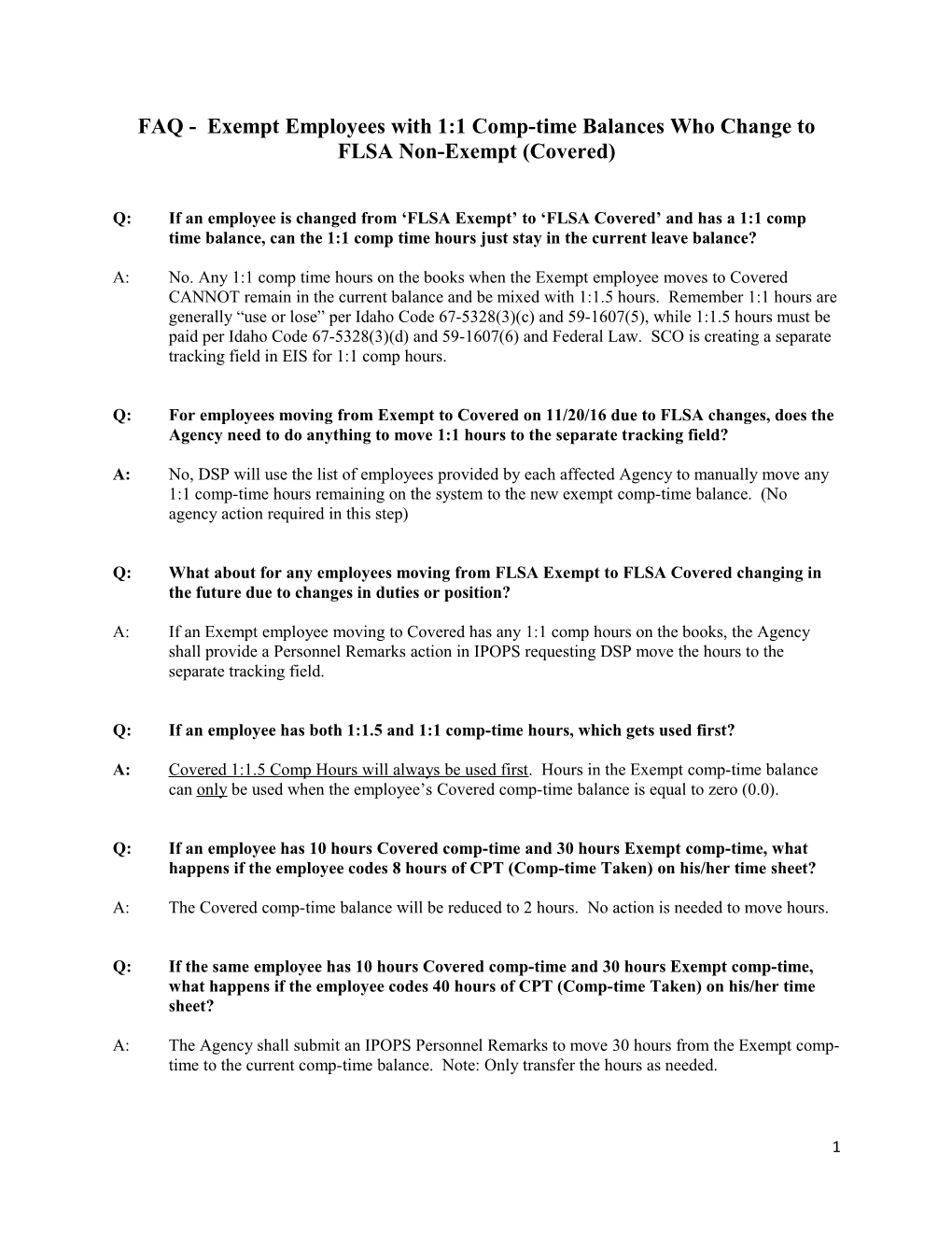 FAQ - Exempt Employees with 1:1 Comp-Time Balances Who Change to FLSA Non-Exempt (Covered)