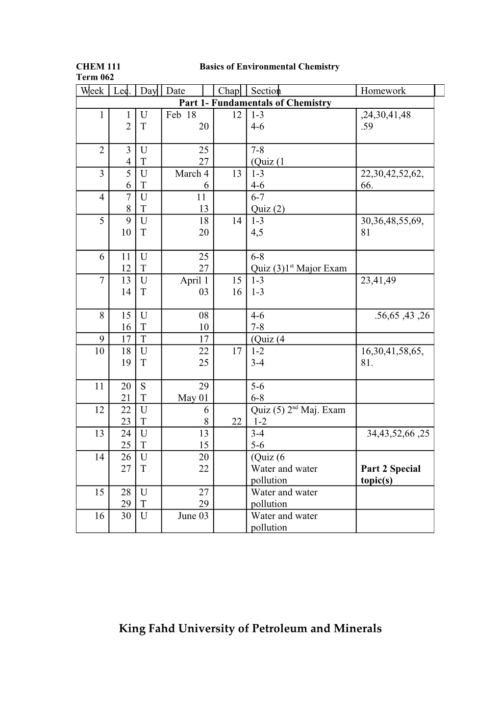 CHEM 111 Basics of Environmental Chemistry