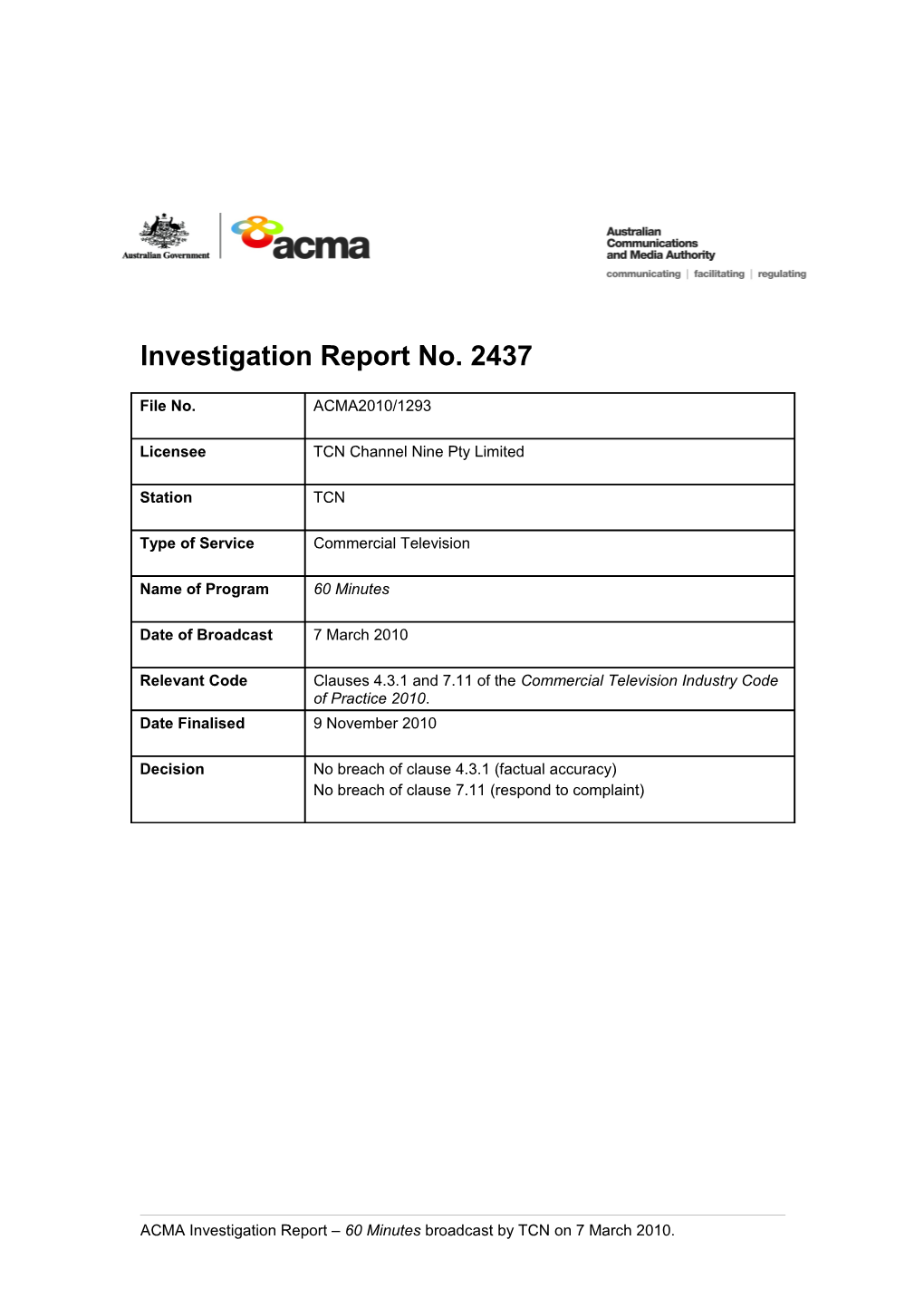 TCN 9 - ACMA Investigation Report 2437