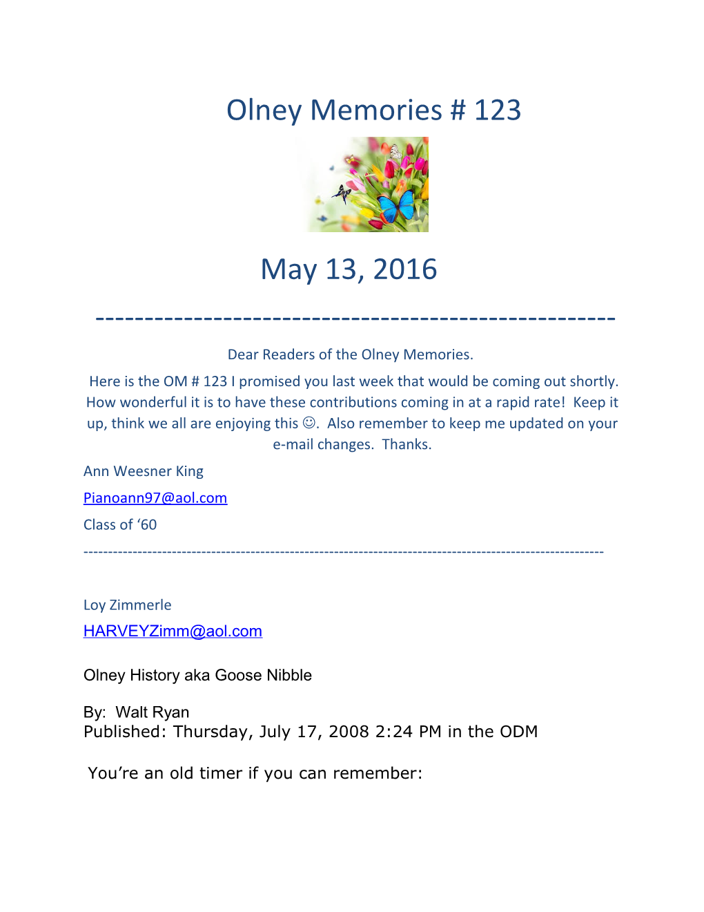 Dear Readers of the Olney Memories