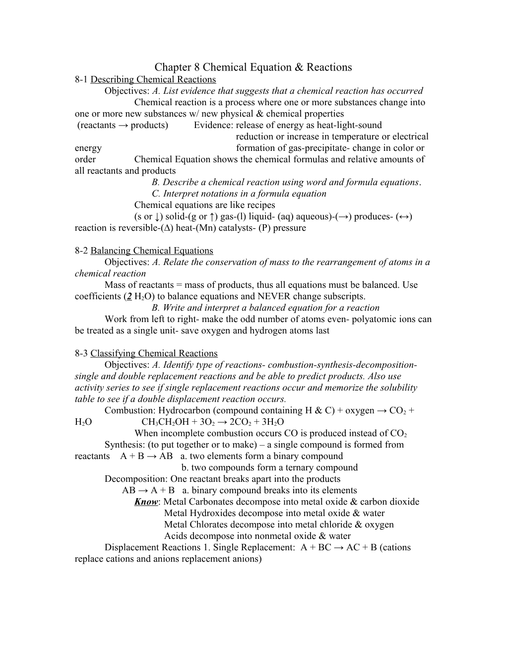 Chapter 8 Chemical Equation & Reactions