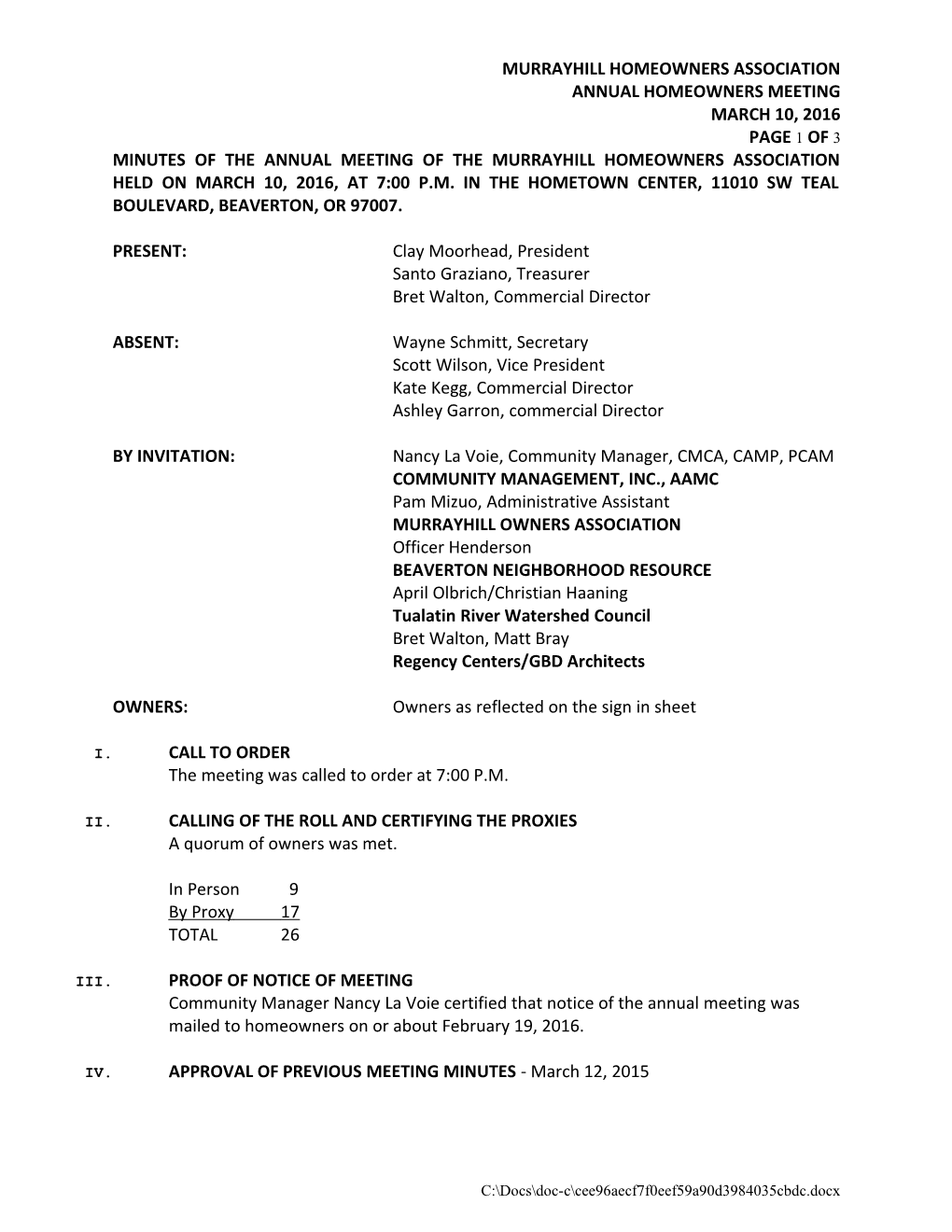 Minutes of the Board of Directors Meeting of the Murrayhill Owners Association Held On