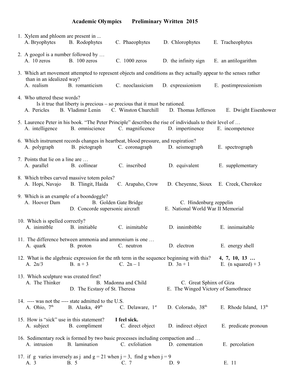 Academic Olympics Preliminary Written 2015