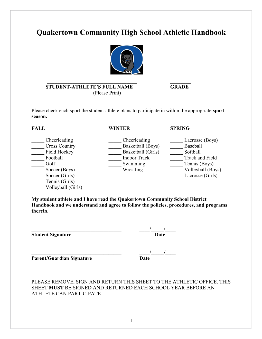 Quakertown Community School District STUDENT-ATHLETE POLICY HANDBOOK