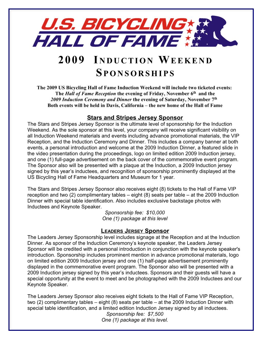 The 2009 US Bicycling Hall of Fame Induction Weekend Will Include Two Ticketed Events