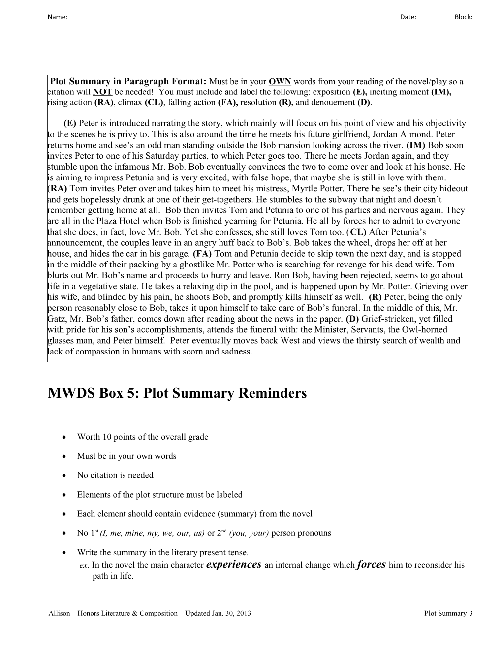 MWDS Box 5: Plot Summary - the Elements of Plot