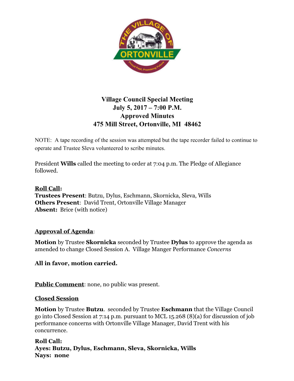 Village Council Special Meeting