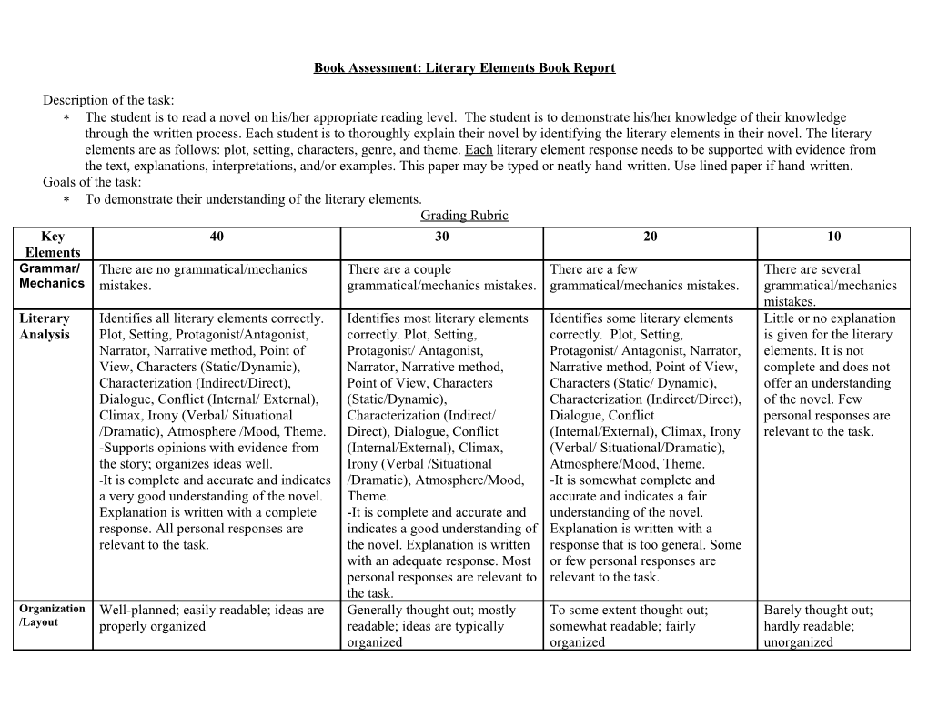 Book Assessment: Literary Elements Book Report