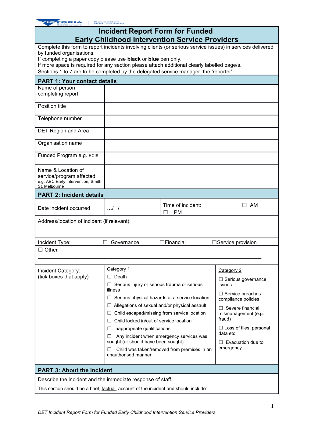 Incident Report Form for Funded ECIS Providers